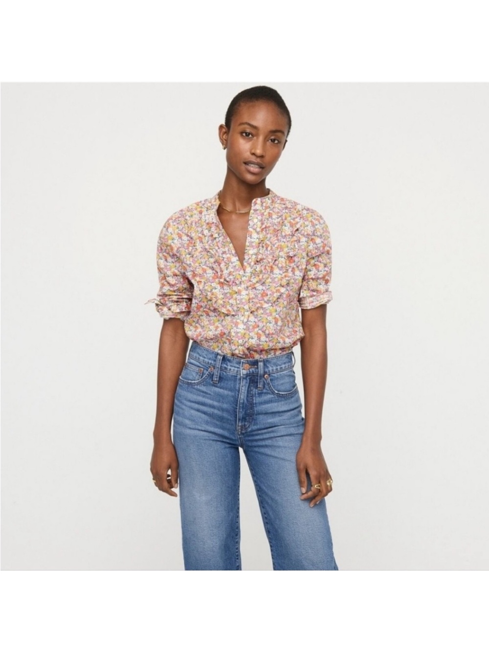 J. Crew Band Liberty Fabric Collar Ruffle-Front Button Down Shirt